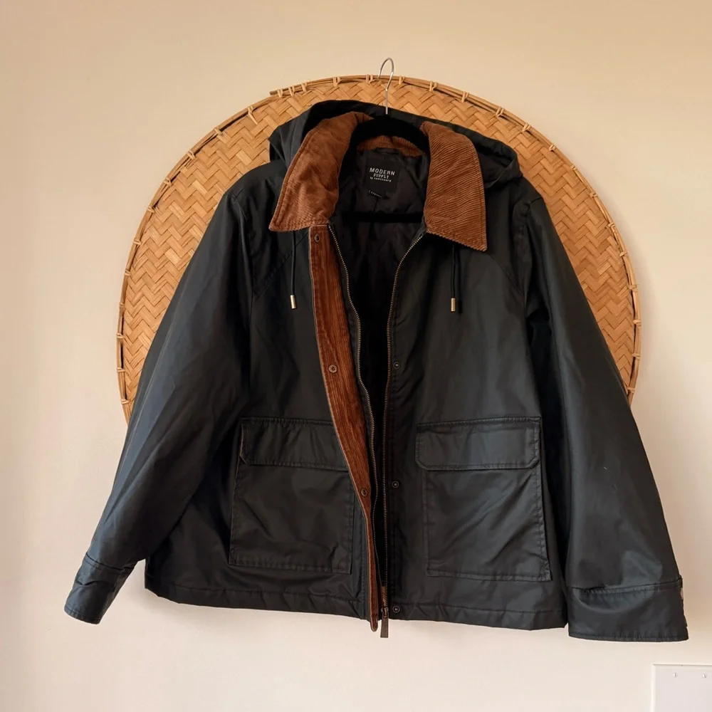 MODERN SUPPLY BY SANCTUARY HOODED WAXED JACKET BARN CHORE COAT CORDUROY‎ COLLAR - Picture 13 of 16